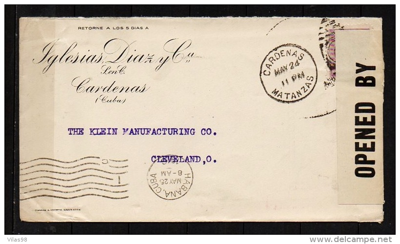 1918 (Cardenas)  To USA, WWI Cover, USA Censor (A272) - Lettres & Documents