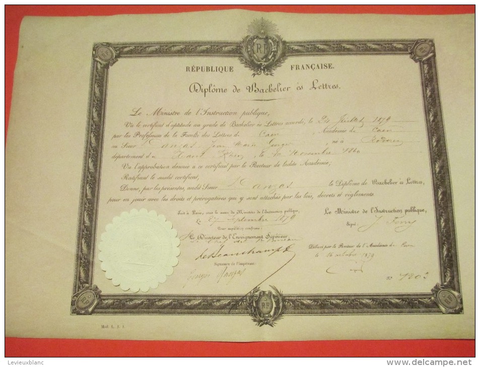 Diplome De Bachelier Es Lettres/République Française/Ministre Instruction Publique/CAEN/1879  DIP41 - Diplômes & Bulletins Scolaires