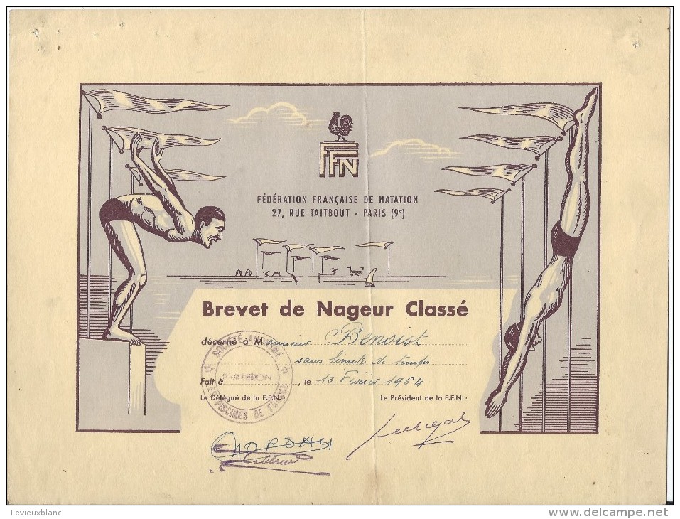 Brevetde Nageur Classé/Féd FR De Natation/Paris /Benoist  /1964   DIP42 - Diplômes & Bulletins Scolaires