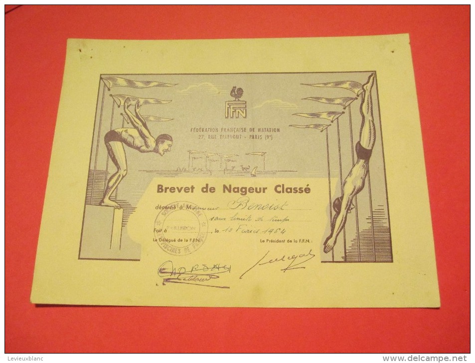 Brevetde Nageur Classé/Féd FR De Natation/Paris /Benoist  /1964   DIP42 - Diplômes & Bulletins Scolaires