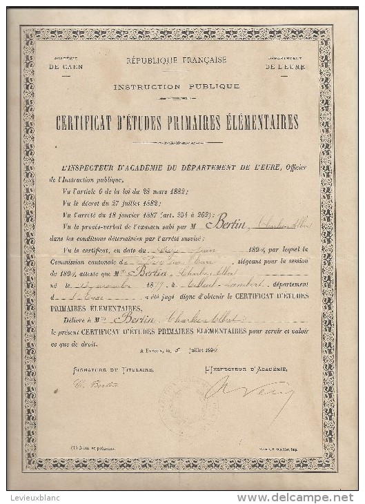Certificat D´Etudes Primaires Elémentaires/Acad. Caen/Dépt Eure/Bertin /1894   DIP45 - Diploma's En Schoolrapporten