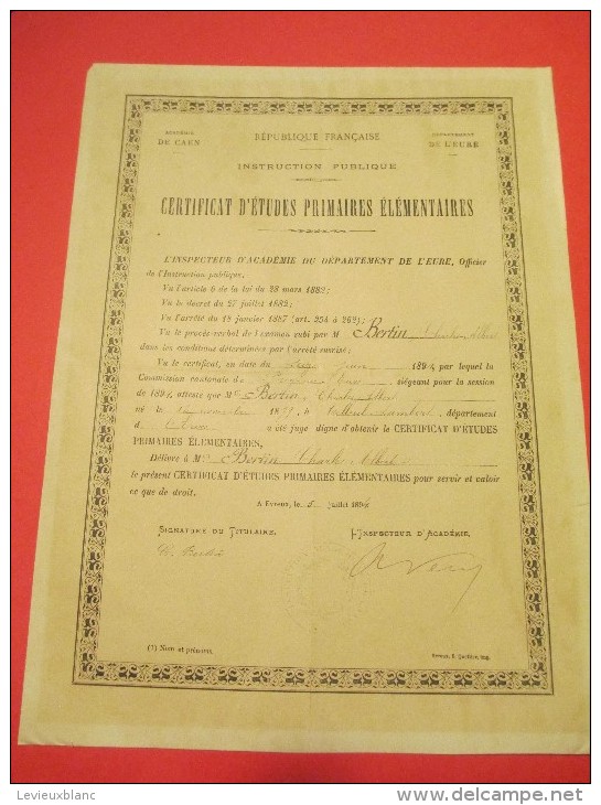 Certificat D´Etudes Primaires Elémentaires/Acad. Caen/Dépt Eure/Bertin /1894   DIP45 - Diplômes & Bulletins Scolaires