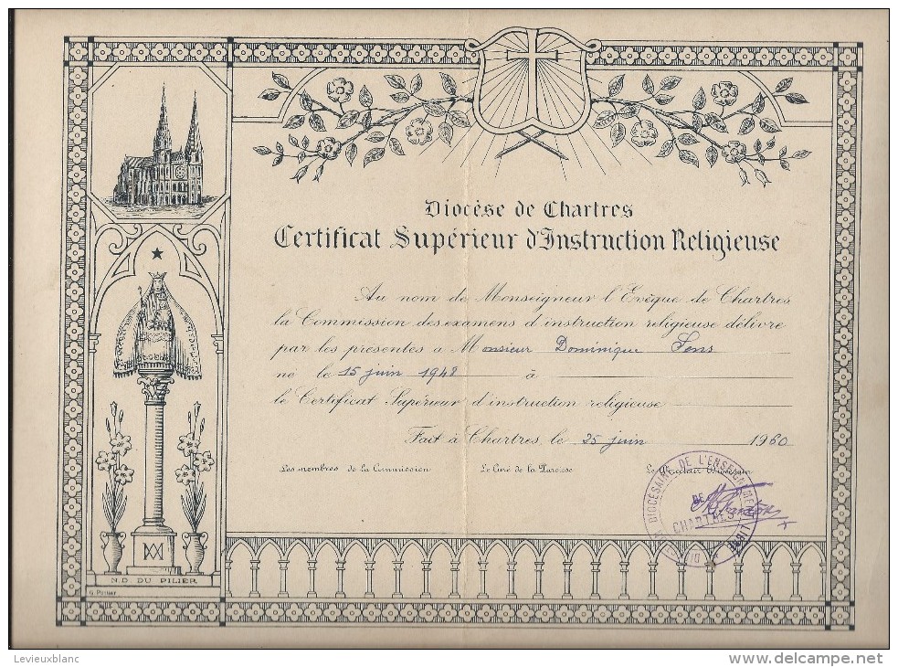 Certificat Supérieur D´Instructioin Religieuse/Diocése De Chartres//1960   DIP46 - Diploma & School Reports