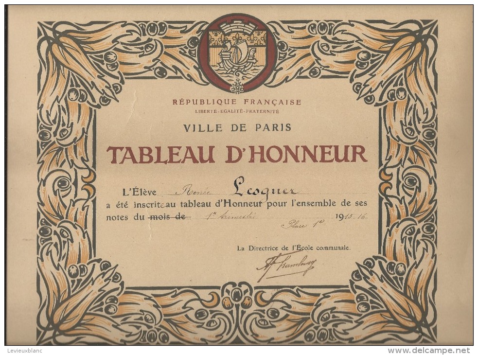 Tableau D´Honneur / RF/ Ville De Paris / Ecole Communale / LESQUER/ 1915   DIP47 - Diplômes & Bulletins Scolaires