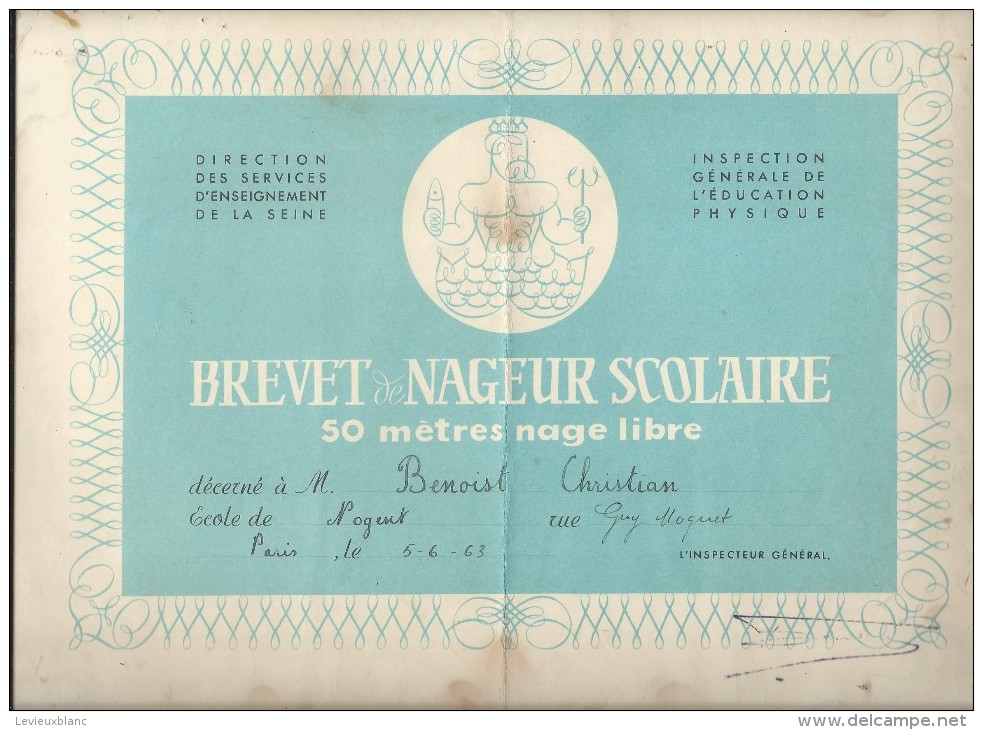 Brevet De Nageur Scolaire/50 Métres Nage Libre/Services D´enseignement/Seine/ 1963   DIP48 - Diplome Und Schulzeugnisse