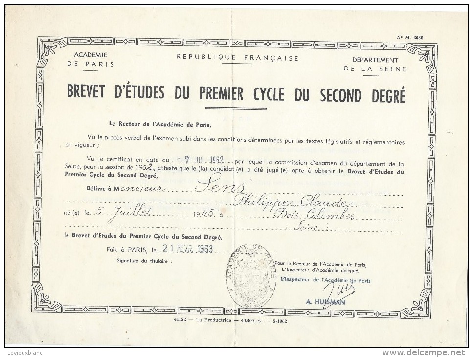 Brevet D´Etudes Du Premier Cycle Du Second Degré/Académie Paris/Seine/Sens / 1963   DIP49 - Diploma's En Schoolrapporten