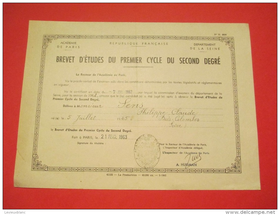Brevet D´Etudes Du Premier Cycle Du Second Degré/Académie Paris/Seine/Sens / 1963   DIP49 - Diploma & School Reports