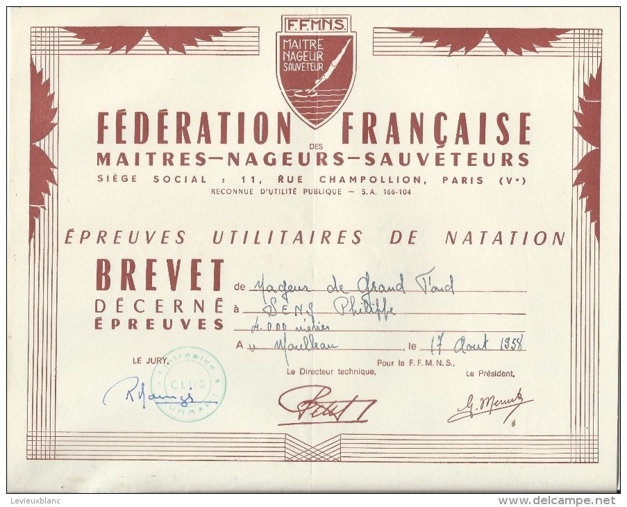 Brevet De Maitre Nageur Sauveteur /Fédération Française/ / 1958    DIP50 - Diplômes & Bulletins Scolaires