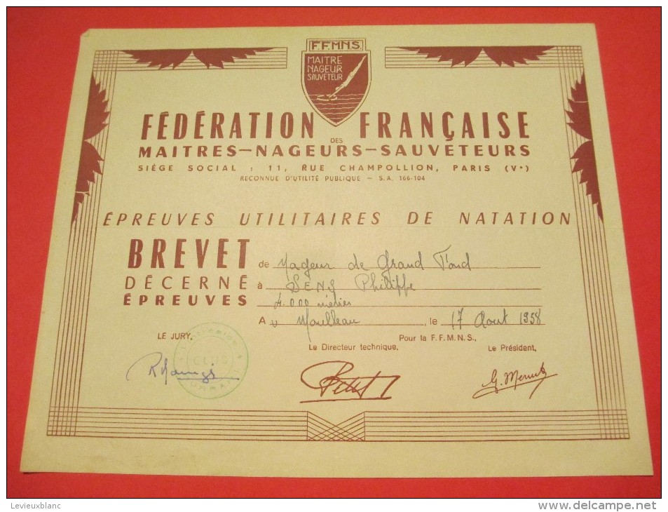 Brevet De Maitre Nageur Sauveteur /Fédération Française/ / 1958    DIP50 - Diplômes & Bulletins Scolaires