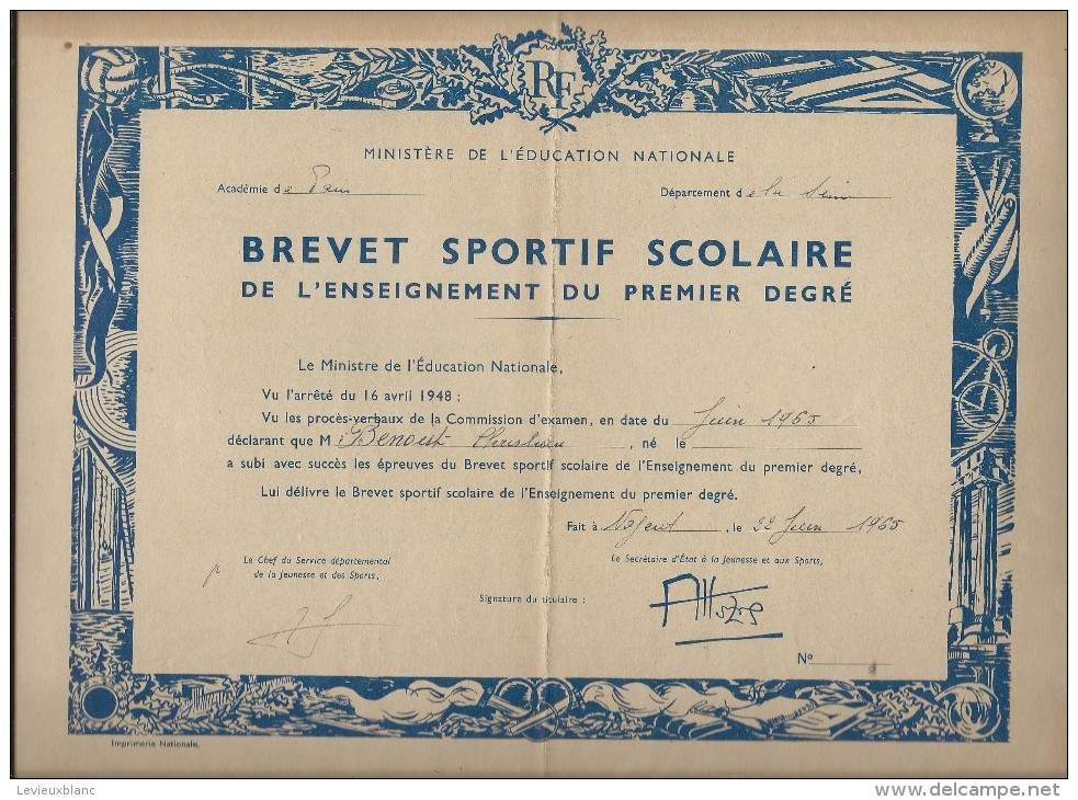 Brevet Sportif Scolaire De L´Enseignement Du Premier Degré/ Ministére De L´Education Nationale/ 1965    DIP51 - Diploma & School Reports