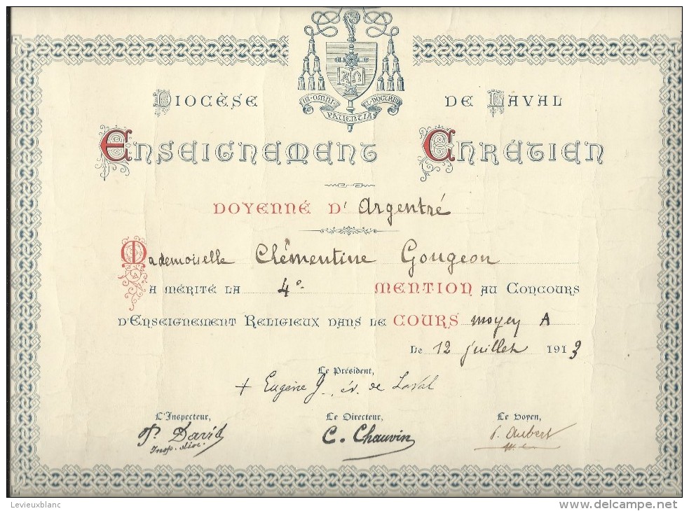 Enseignement Chrétien /Diocése De Laval/Doyenné D´Argentré/Mention/ 1913    DIP56 - Diplômes & Bulletins Scolaires