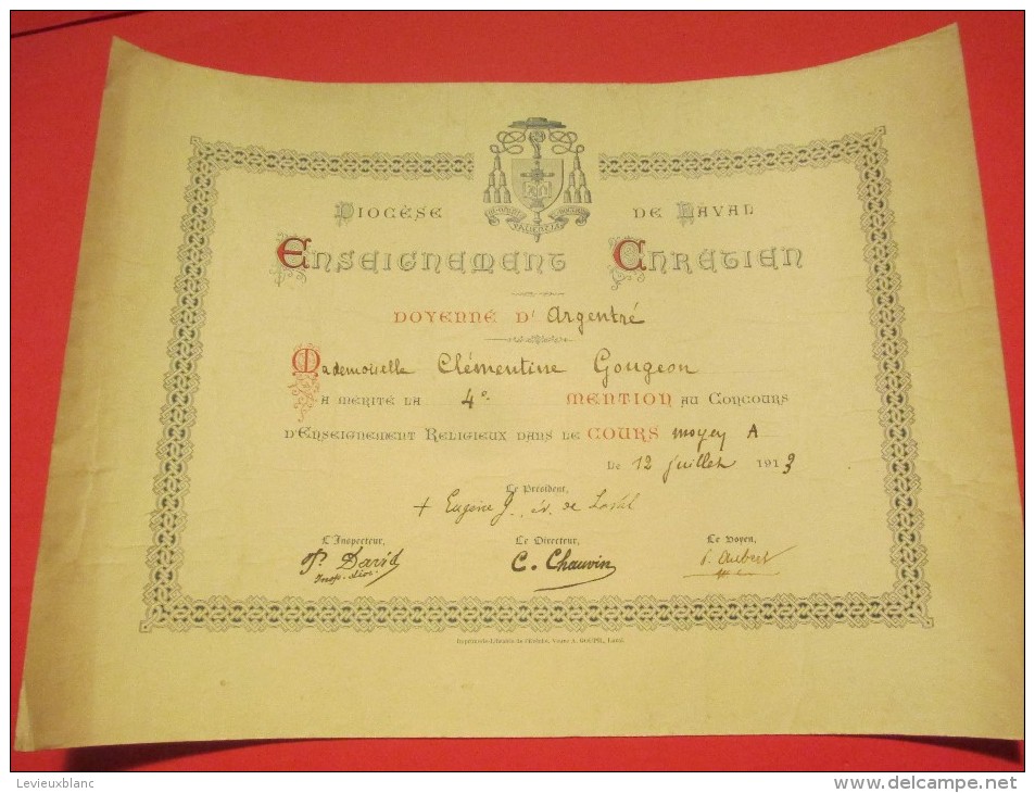 Enseignement Chrétien /Diocése De Laval/Doyenné D´Argentré/Mention/ 1913    DIP56 - Diplômes & Bulletins Scolaires