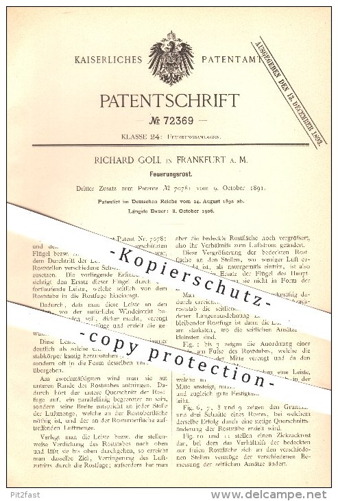 Original Patent - Richard Goll In Frankfurt / Main , 1892 , Feuerungsrost , Feuerung , Rost , Ofenrost , Ofen , Öfen !!! - Historische Dokumente