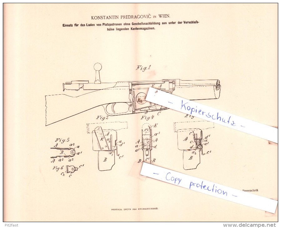 Original Patent  - Konstantin Predragovic In Wien , 1893 , Gewehr , Platzpatronen , Munition , Waffe !!! - Historische Dokumente