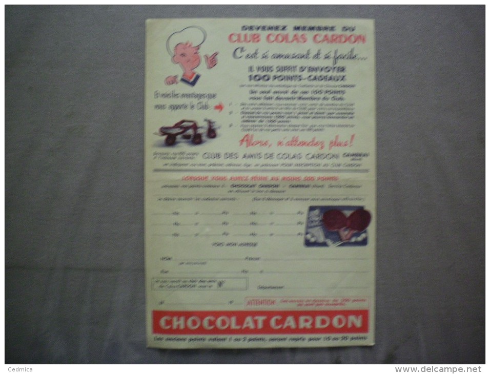 CHOCOLAT CARDON CLUB DES AMIS DE COLAS CARDON CAMBRAI LISTE DES CADEAUX - Publicités