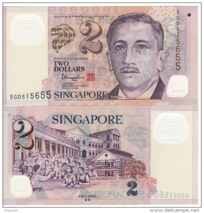 SINGAPORE  $2  Polimer  P46c  Two Squares Below Education On Back    UNC - Singapur