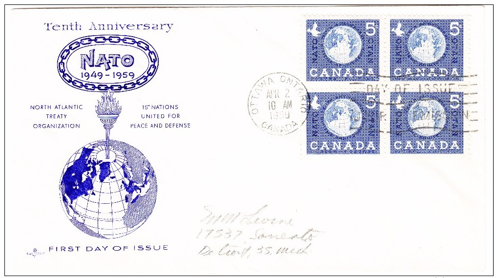 1959 Canada NATO 10th Anniversary 5c Block First Day Cover - 1952-1960