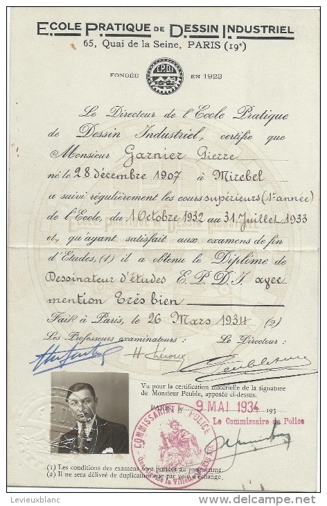 Obtention De Diplome/MentionTB/Dessinateurd´Etudes/ Ecole Pratique De Dessin Industriel/Paris / 1934    DIP60 - Diploma's En Schoolrapporten