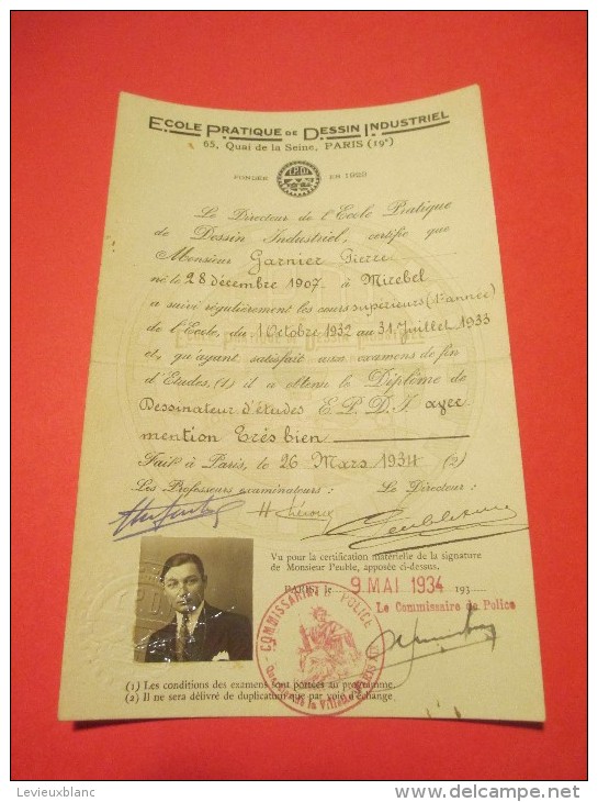 Obtention De Diplome/MentionTB/Dessinateurd´Etudes/ Ecole Pratique De Dessin Industriel/Paris / 1934    DIP60 - Diploma's En Schoolrapporten