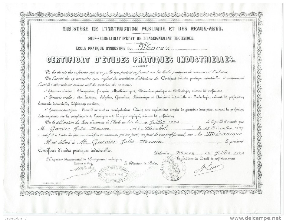 Certificat D´Etudes Pratiques Industrielles /Ministére De L´Instruction Publique/Morez/ 1924    DIP62 - Diplômes & Bulletins Scolaires