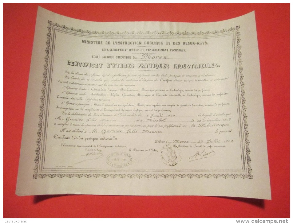 Certificat D´Etudes Pratiques Industrielles /Ministére De L´Instruction Publique/Morez/ 1924    DIP62 - Diploma & School Reports