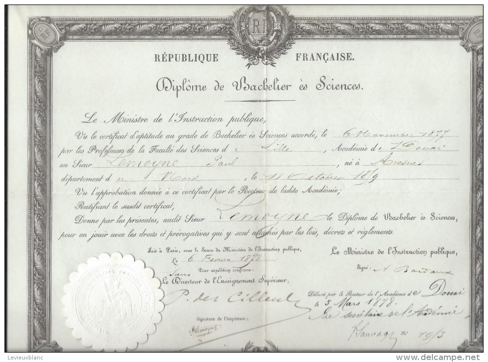 Diplome De Bachelier Es Sciences /Instruction Publique/Faculté Des Sciences De LILLE/Douai/Paris/1878  DIP69 - Diploma & School Reports