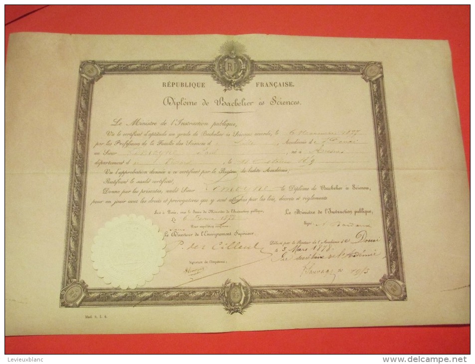 Diplome De Bachelier Es Sciences /Instruction Publique/Faculté Des Sciences De LILLE/Douai/Paris/1878  DIP69 - Diploma & School Reports