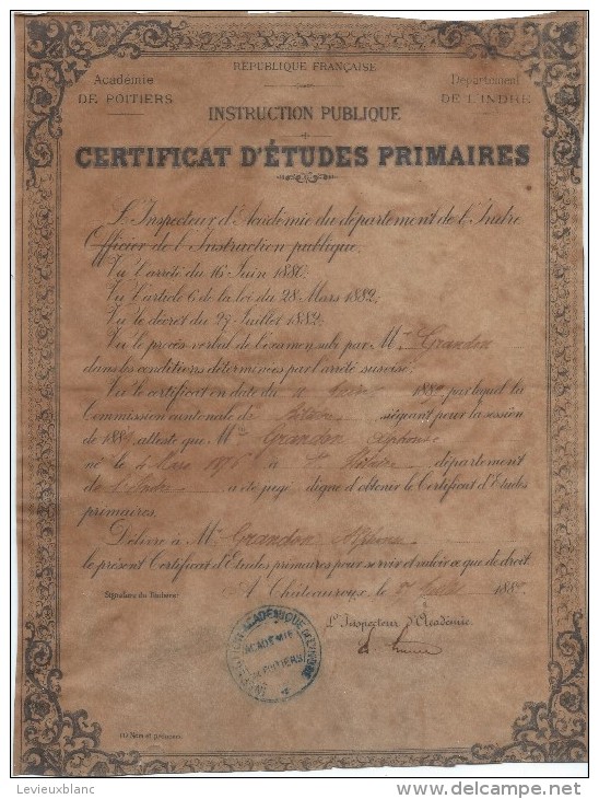 Certificat D´Etudes Primaires/Instruction Publique/Académie De POITIERS/Indre/Saint Hilaire/1889  DIP70 - Diplômes & Bulletins Scolaires