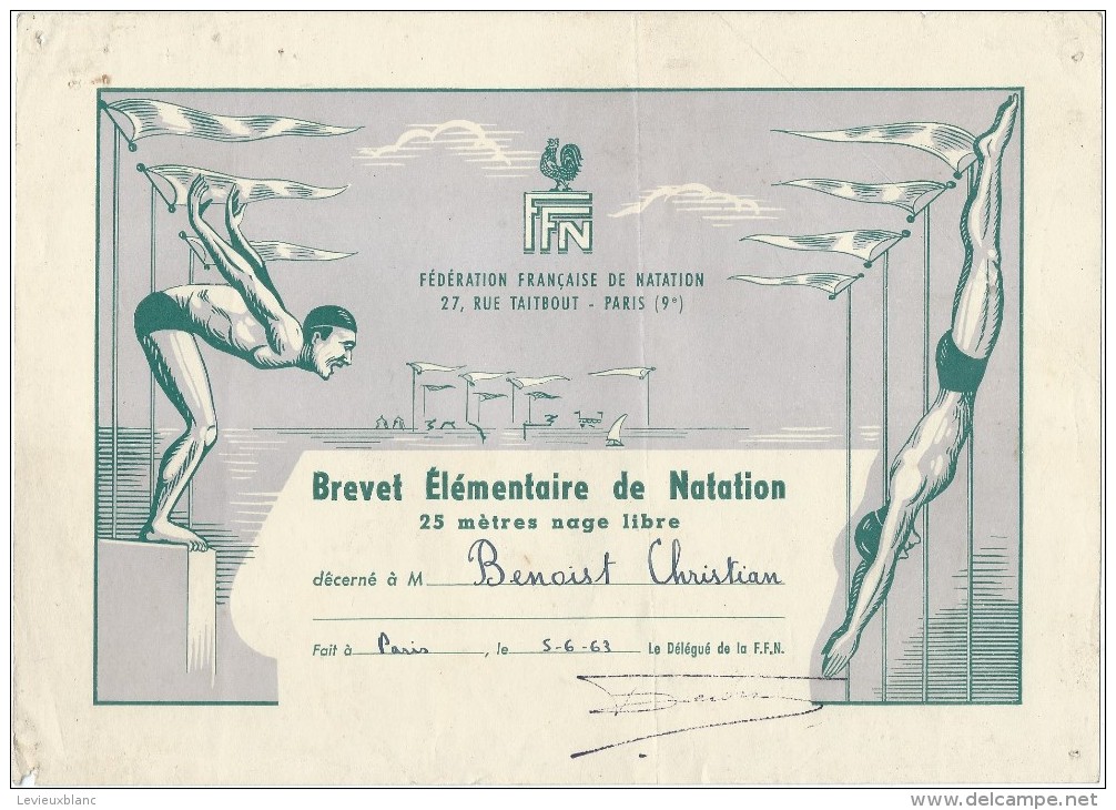 Brevet Elémentaire De Natation / 25 Métres Nage Libre/Fédération Française De Natation/Paris /1963  DIP79 - Diploma & School Reports