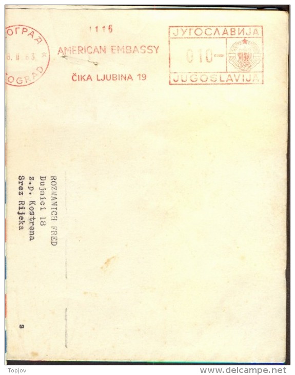 JUGOSLAVIA - USA - AMERICAN ENBASSY  MECHAN. POSTMARK - BEOGRAD - 1963 - Briefe U. Dokumente