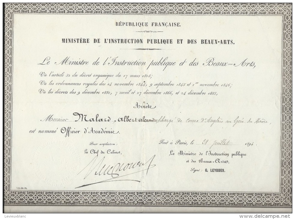 Officier D´Académie/ Ministére De L´Instruction Publique Et Des Beaux-Arts/Le Havre / Paris /1894  DIP84 - Diplome Und Schulzeugnisse