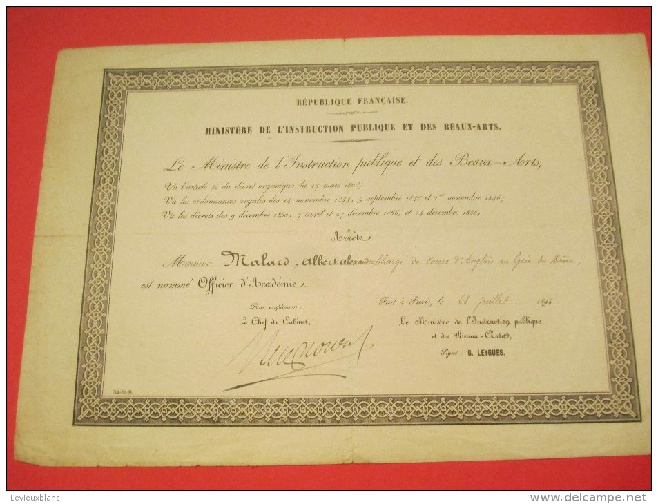 Officier D´Académie/ Ministére De L´Instruction Publique Et Des Beaux-Arts/Le Havre / Paris /1894  DIP84 - Diplomi E Pagelle