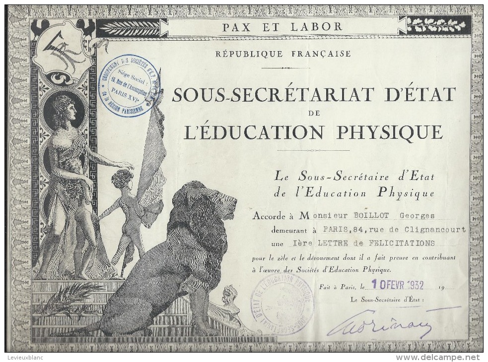 Lettre De Félicitations/Société D´Education Physique/Sous-Secrétariat D´Etat/ Paris /1932  DIP85 - Diplômes & Bulletins Scolaires