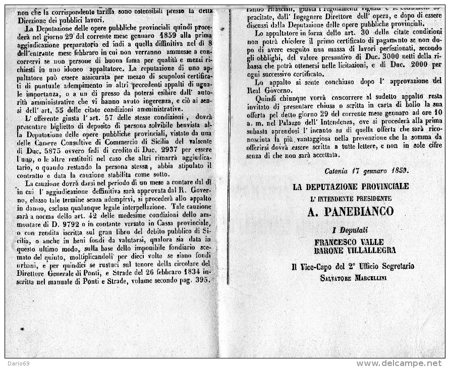 1859 CATANIA AVVISO PER LA COSTRUZIONE DELLA STRADA ROTABILE DA NICOSIA A  GANGI - Chemin De Fer
