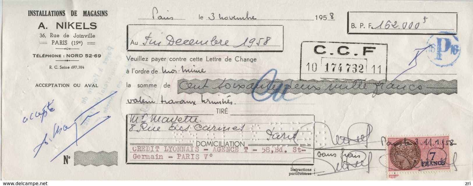 Lot De 32 Lettres De Change De 1958 à 1960 - Installation De Magasins A. Nikels (Paris) - CCF - Bills Of Exchange