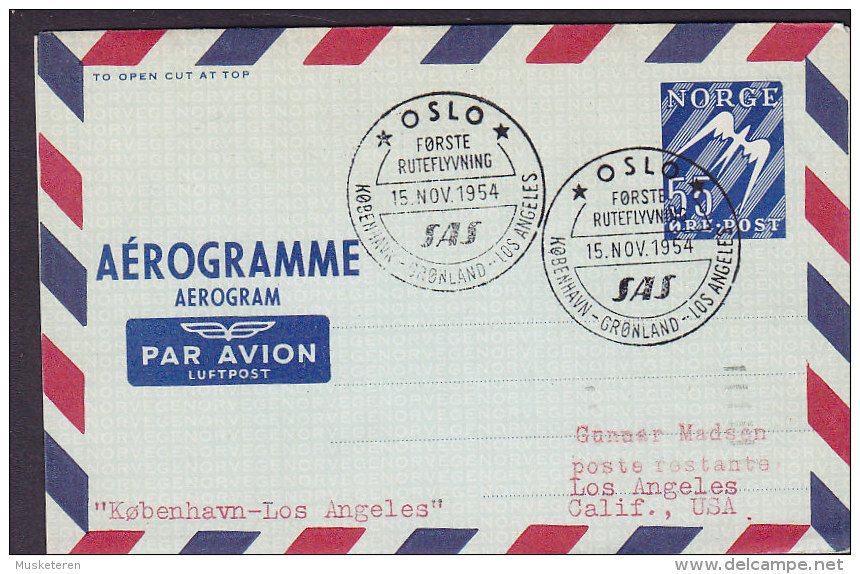 Norway Air Mail Par Avion Luftpost Aerogramme Oslo-Copenhagen-Greenland-Los Angeles 1. Flight Cover 1954 !! (2 Scans) - Briefe U. Dokumente