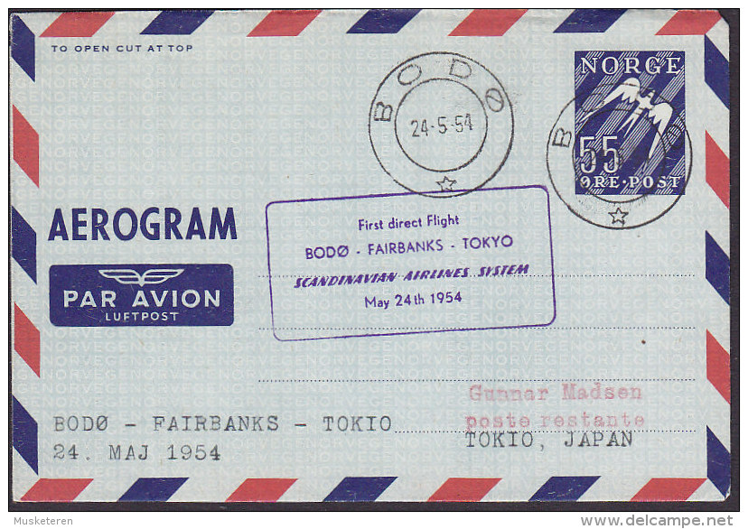 Norway Air Mail Par Avion Luftpost Aerogramme SAS BODØ-FAIRBANKS-TOKIO 1. Flight Cover 1954 !! (2 Scans) - Briefe U. Dokumente