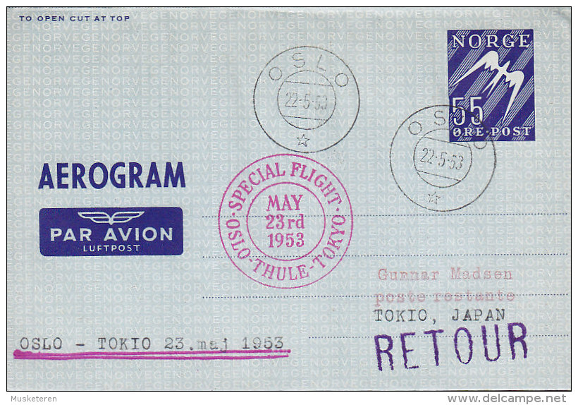 Norway Air Mail Par Avion Luftpost Aerogramme SAS OSLO-THULE-TOKIO Special Flight Cover 1953 RETOUR !! (2 Scans) - Briefe U. Dokumente