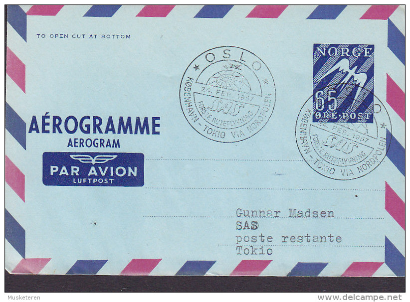 Norway Air Mail Par Avion Luftpost Aerogramme OSLO-KØBENHAVN-TOKIO Via Nordpolen 1. Flight Cover 1957 !! (2 Scans) - Briefe U. Dokumente