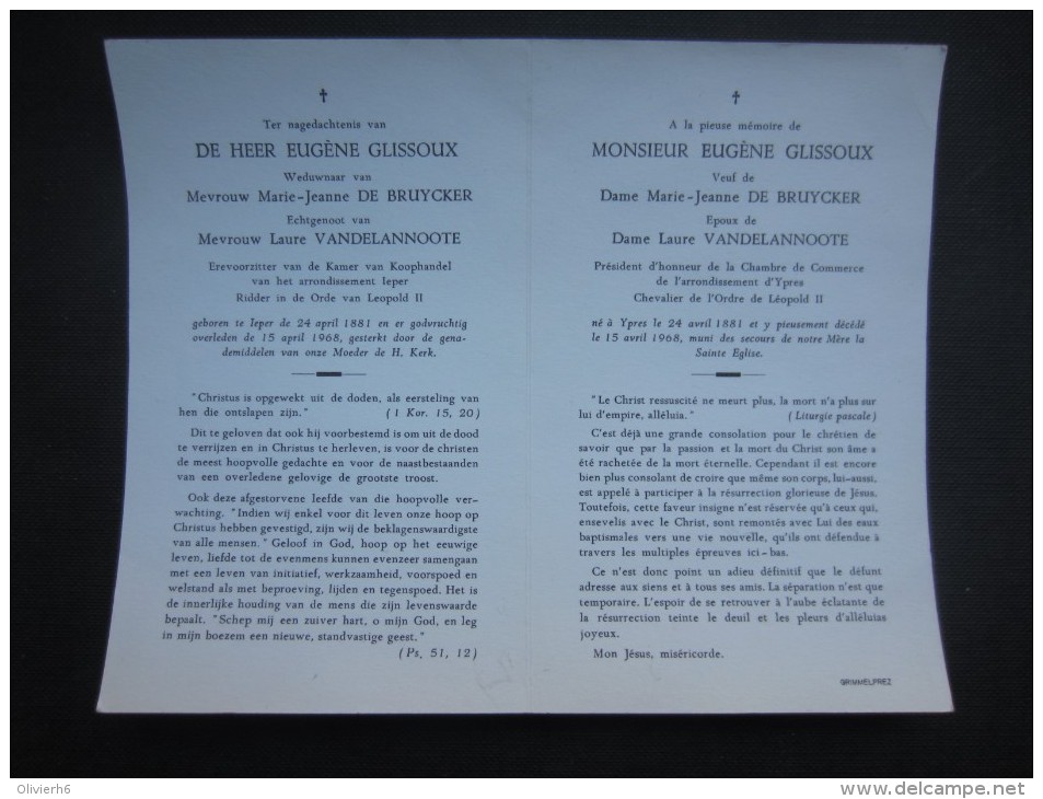 DOODSPRENTJE - DECES (M1602) EUGèNE GLISSOUX (2 Vues) Ieper 24/04/1881 - Ieper 15/04/1968 Chevalier De L'ordre Léopold 2 - Obituary Notices