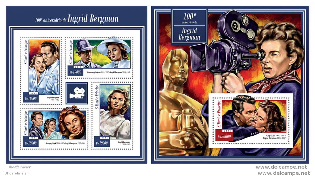 SAO TOME 2015 ** M/S + S/S Ingrid Bergman Actress Schauspielerin Actrice - Official Issue A1514 - Cinema
