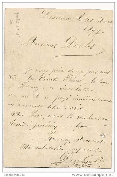 1877 - CARTE PRECURSEUR ENTIER TYPE SAGE MIXTE N/B + N/U De LISIEUX (CALVADOS) Pour BERNAY (EURE) - Cartoline Precursori