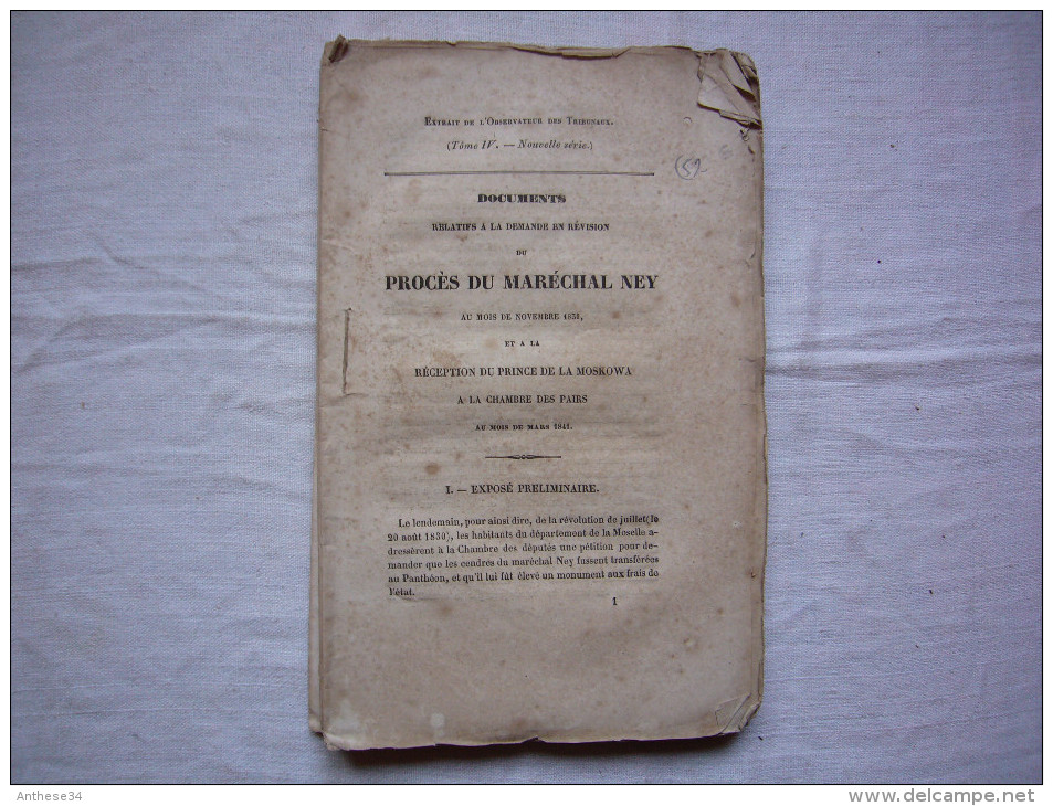 Document Relatif Révision Procès Maréchal NEY 1831 Extrait De L'observateur Des Tribunaux + Prince De La Moskowa - Documents Historiques