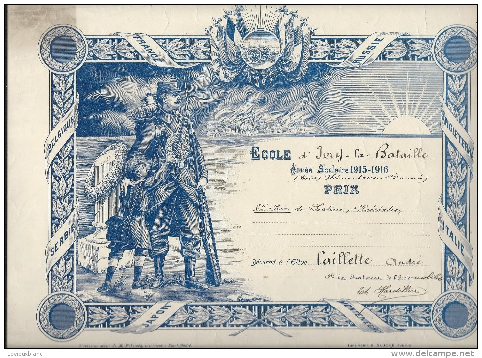 Ecole D´Ivry La Bataille/Eure/Prix De Lecture/Hardillier/Caillette/1915-1916   DIP89 - Diplômes & Bulletins Scolaires