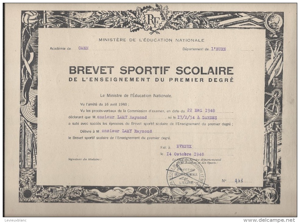 Brevet Sportif Scolaire/Ministére De L´Education Nationale//Evreux / Lamy/ 1948     DIP91 - Diploma & School Reports