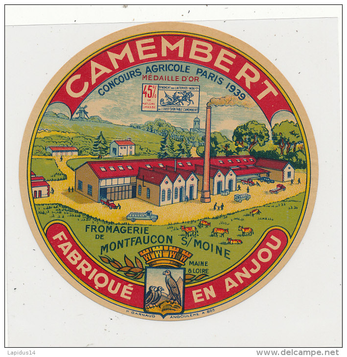 M 367  /   ETIQUETTE DE  FROMAGE   CAMEMBERT  FROMAGERIE MONTFAUCON SUR MOINE  FAB. EN ANJOU (M &amp; L) - Fromage