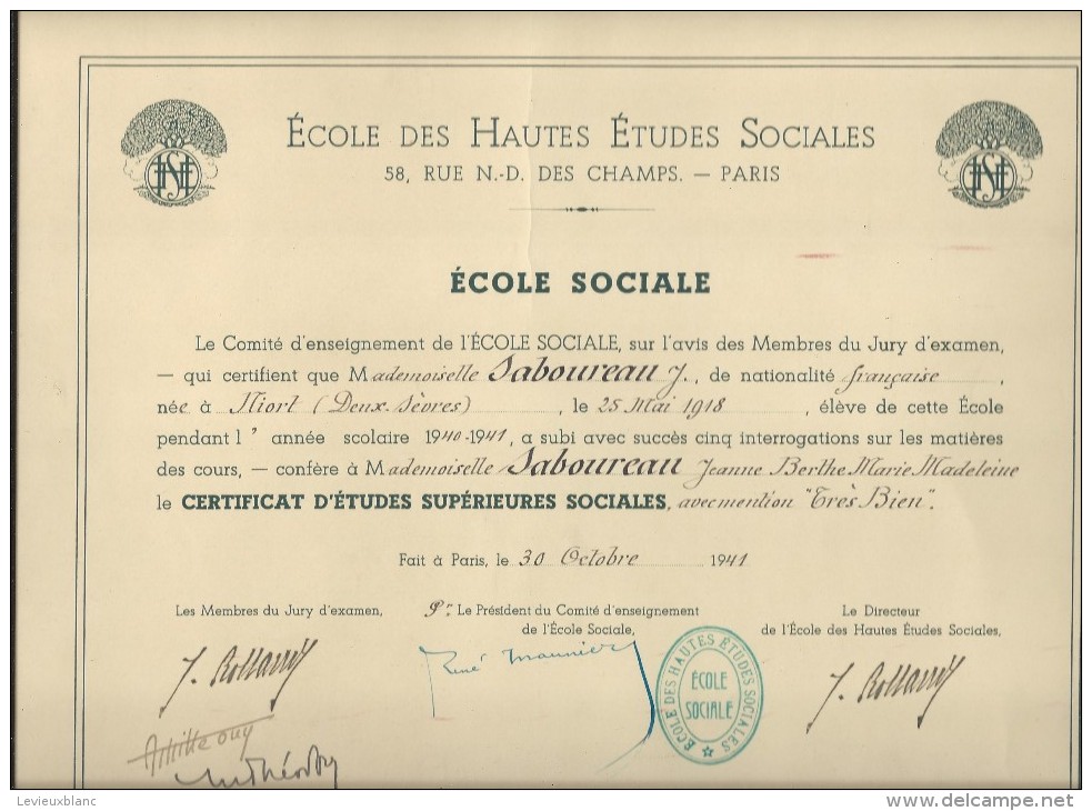 Certificat D´Etudes Supérieures Sociales /Ecole Des Hautes Etudes Sociales / Paris / 1941     DIP103 - Diplômes & Bulletins Scolaires