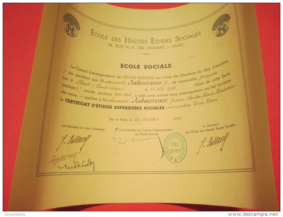 Certificat D´Etudes Supérieures Sociales /Ecole Des Hautes Etudes Sociales / Paris / 1941     DIP103 - Diplômes & Bulletins Scolaires