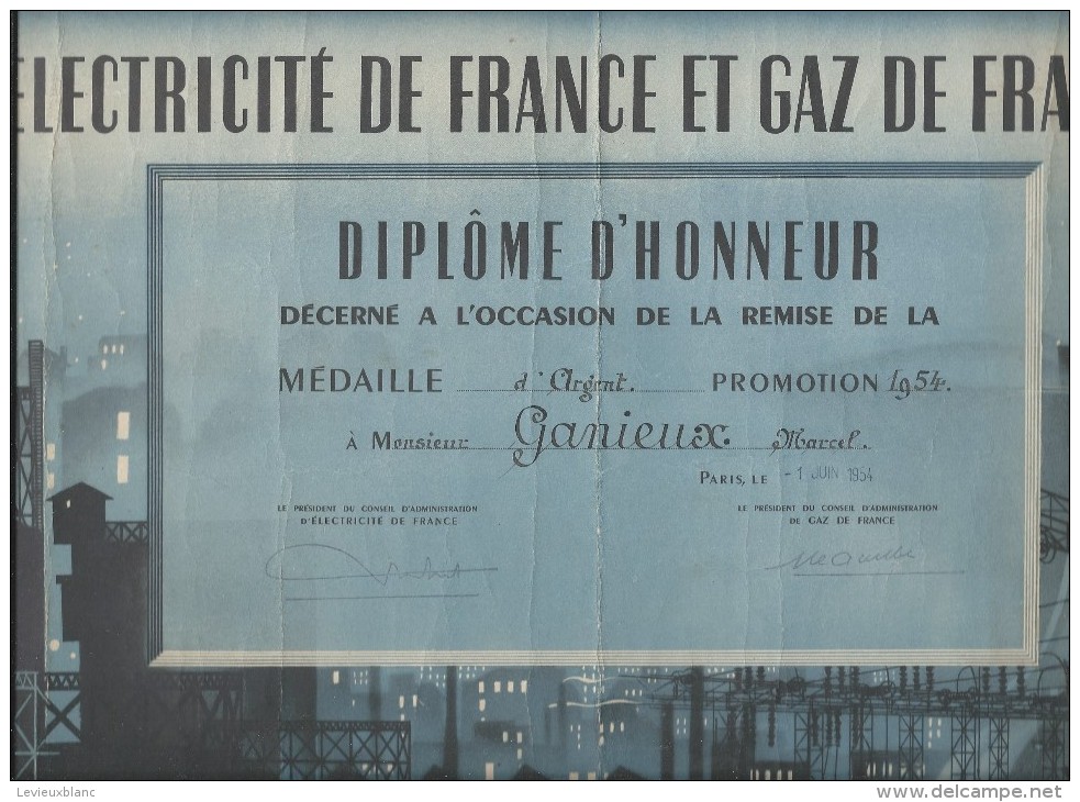 Diplôme D´Honneur /Médaille D´Argent/Promotion 1954/Electricité De France Et Gaz De France/ 1954     DIP104 - Diploma & School Reports
