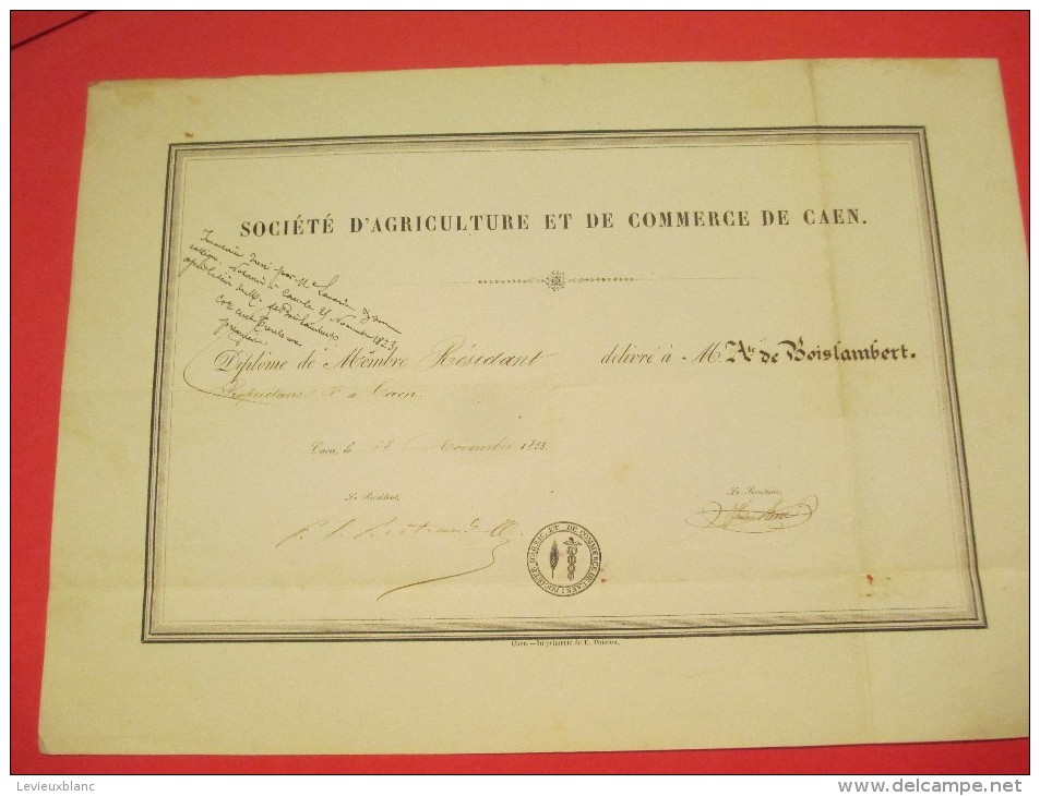 Diplôme De Membre Résidant /Société D´Agriculture Et De Cmmerce De Caen /Monsieur De Boislambert//1853   DIP108 - Diplome Und Schulzeugnisse